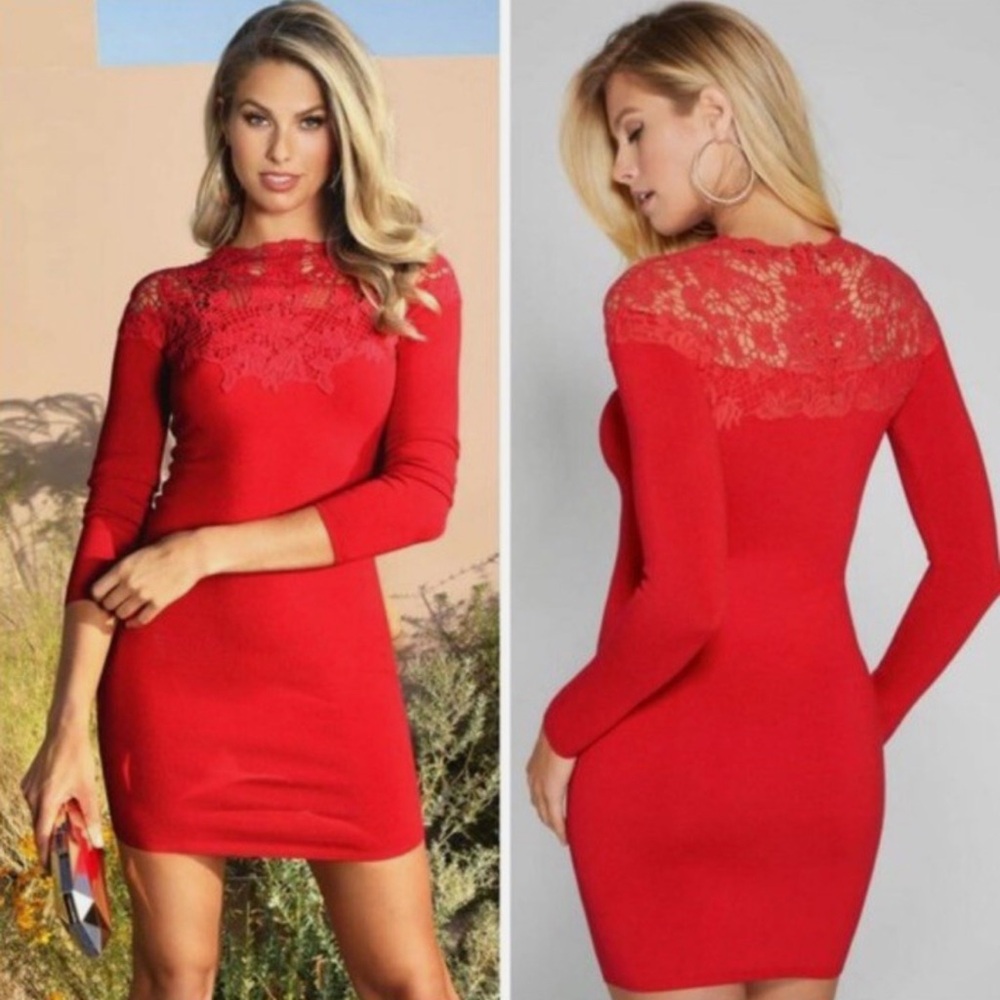 Marciano Red Long Sleeve Lace Dress